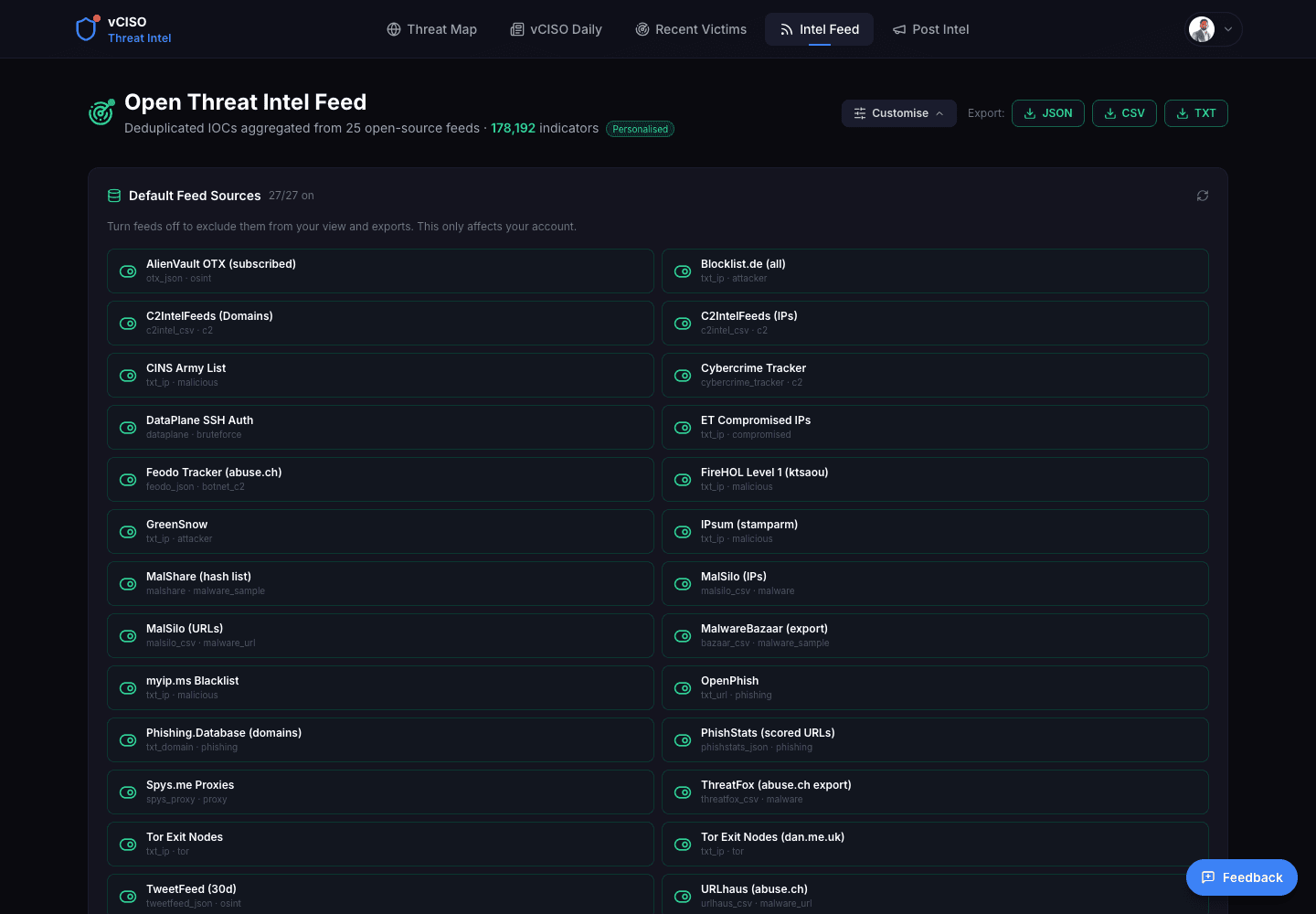 Intel Feed customise panel