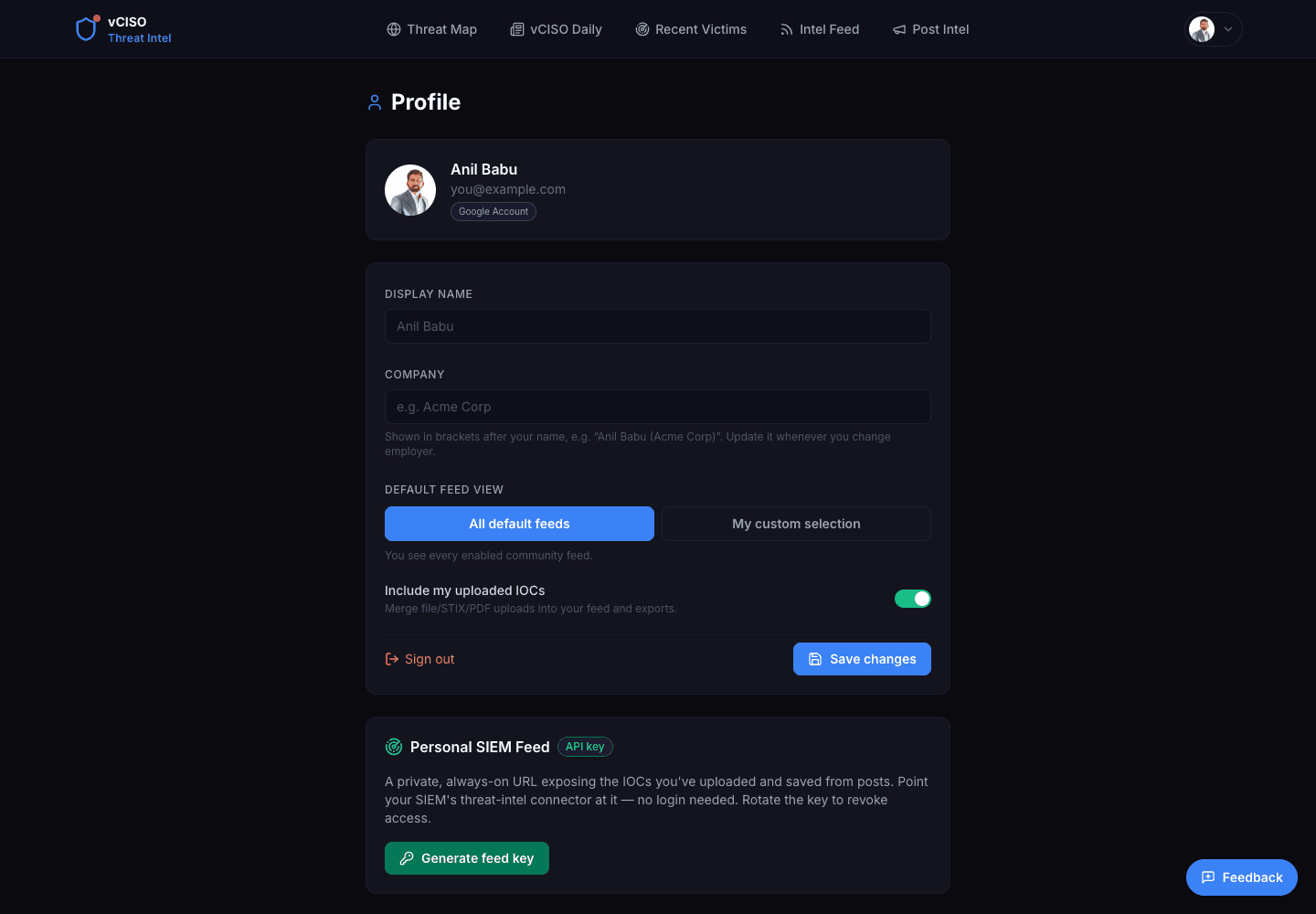 Profile account settings