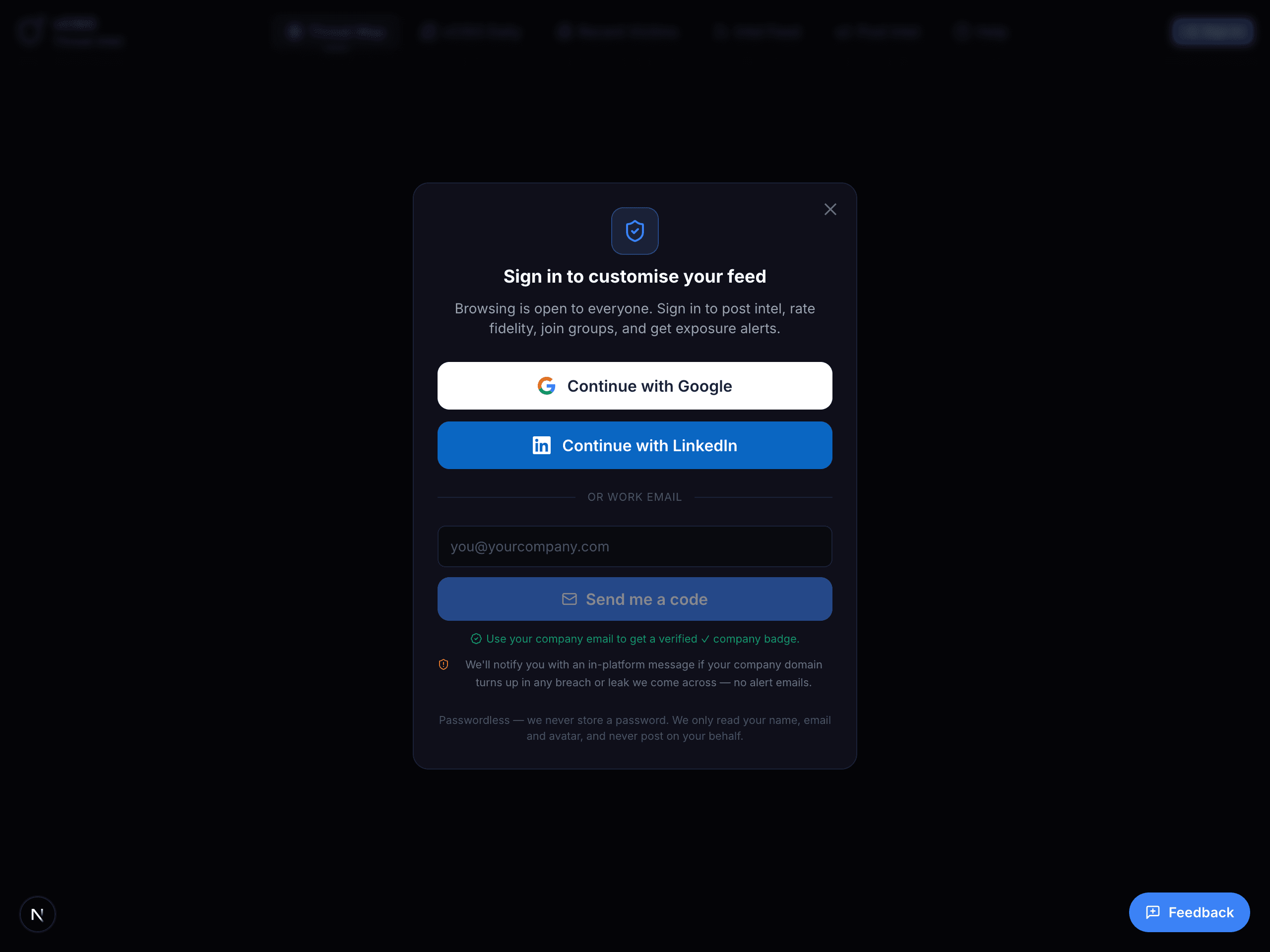 Sign-in modal showing Google, LinkedIn and work-email options